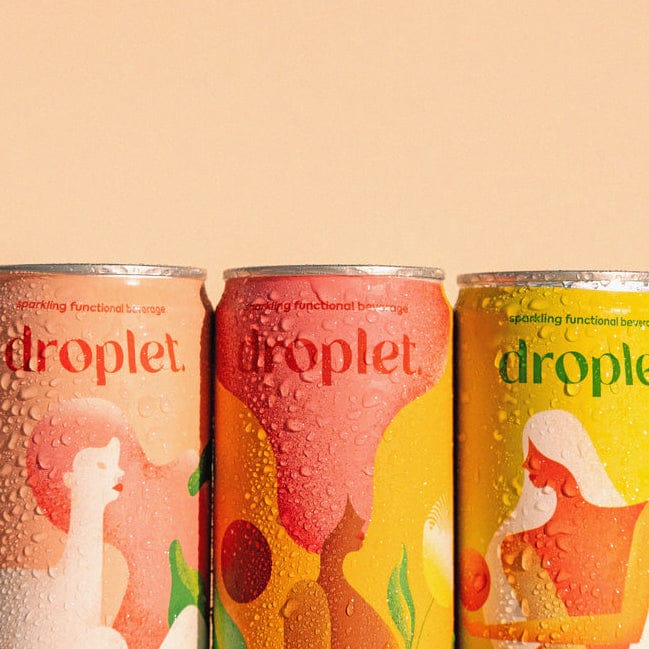 3 cans of different flavors of Droplet Sparkling Water Adaptogen Drink