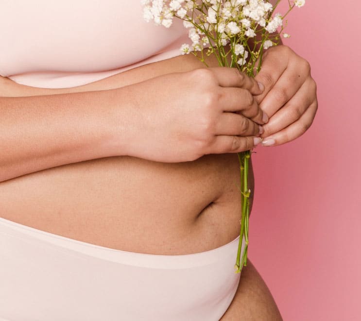 Closeup of a plus-sized body in under garments