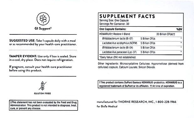 Label from BioTE, Multistrain Probiotic 20B, Directions and Supplement Facts
