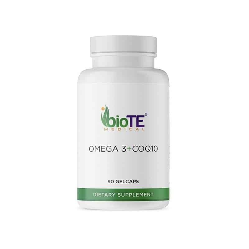 Opaque plastic bottle with BioTE label, Omega 3+CoQ10, 90 Gel Caps