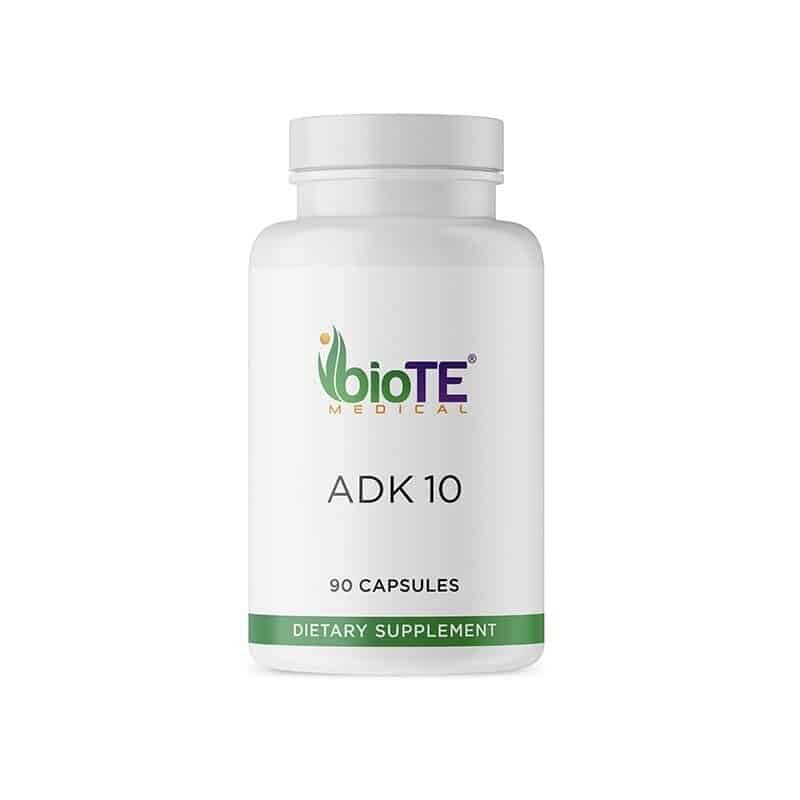 Opaque supplement bottle from BioTE, ADK 10, 90 Capsules