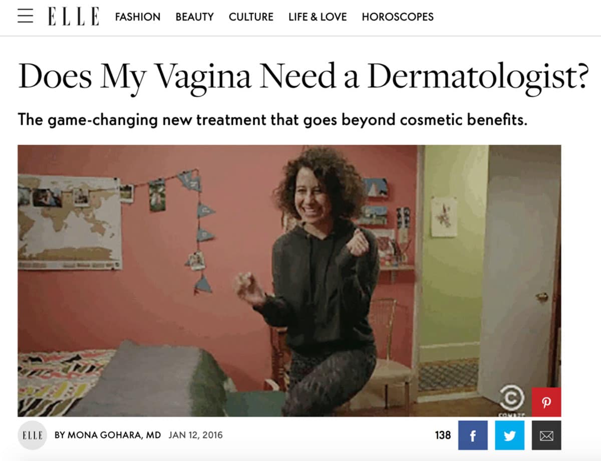 Screenshot of Elle website with article header Does My Vagina Need a Dermatologist? and picture of woman dancing happily in her bedroom