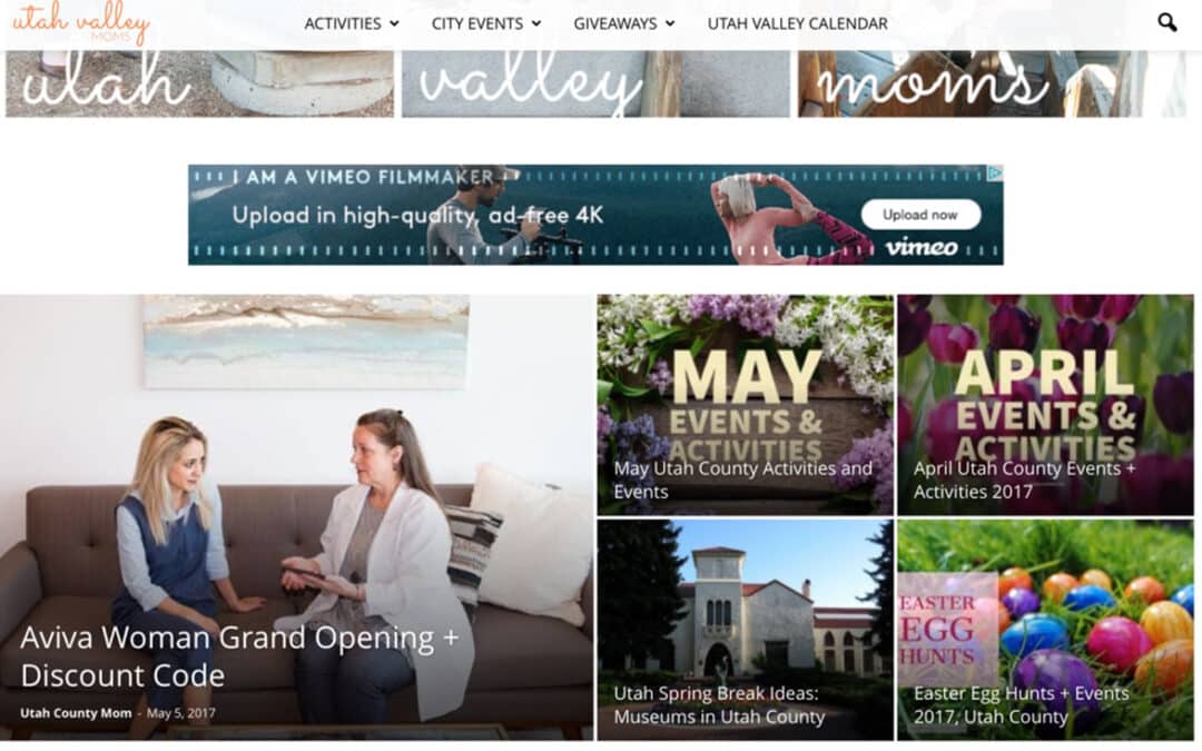 Screenshot of Utah Valley Moms website of AVIVA Wo:Man article on their homepage