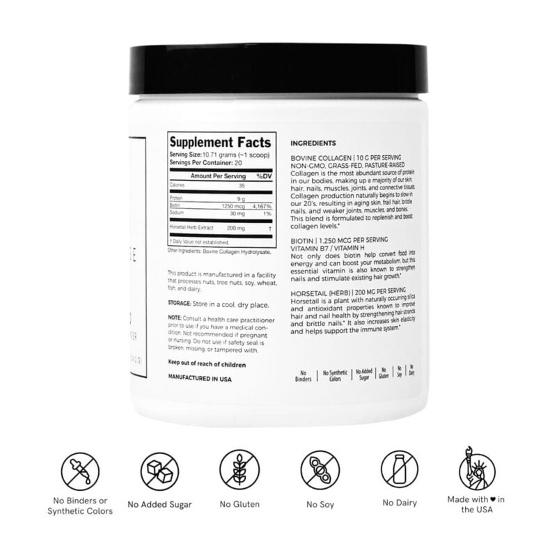 Wholy Dose Supplement Mix Collagen Unflavored plastic tub with Supplement Facts and Directions