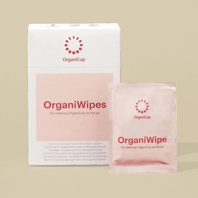 OrganiWipes for cleaning organicup on the go package of single-wrapped wipes