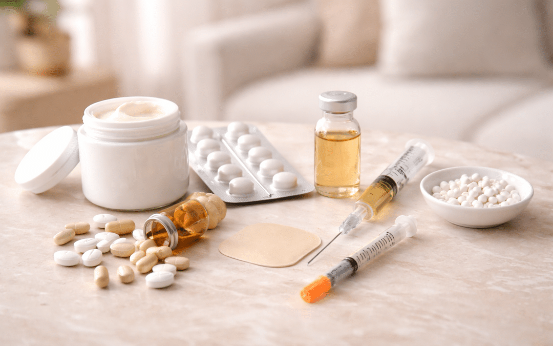 Hormone creams, orals, injections, patches and pellets on a marble counter