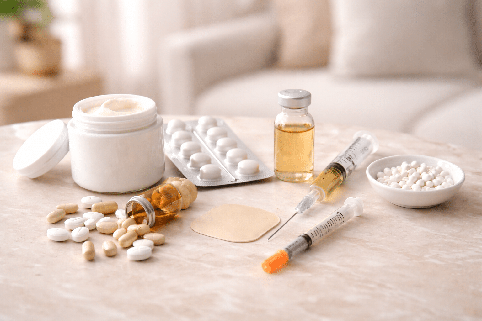 Hormone creams, orals, injections, patches and pellets on a marble counter