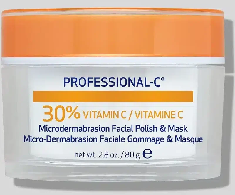 Microdermabrasion polish + mask in a white jar with orange lid.